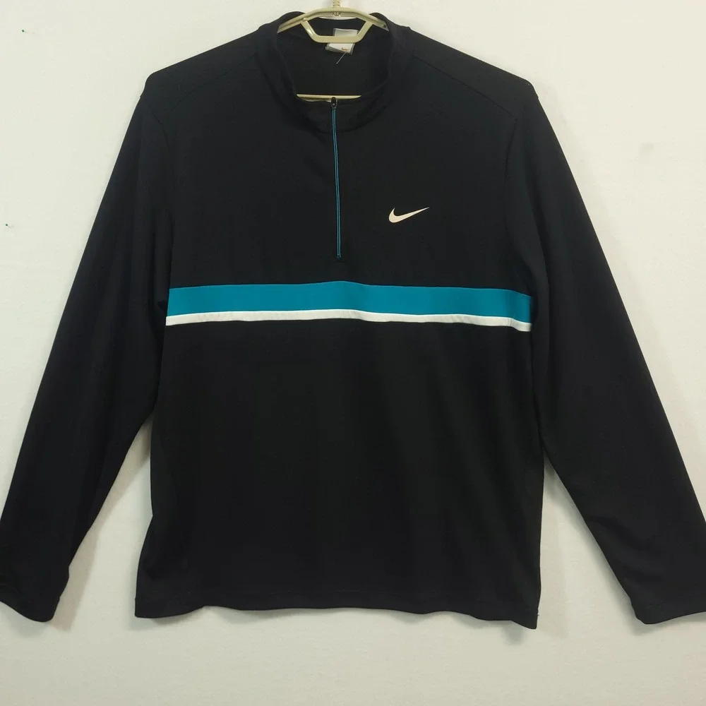 Nike Shirt Quarter Zip Pullover Mens XL Black Teal Fit Dry Golf Long Sleeve